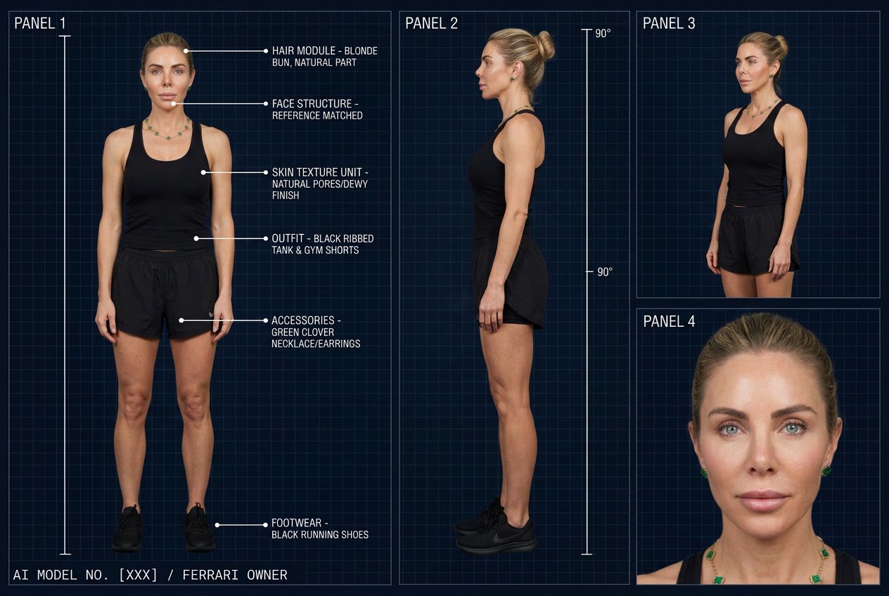DNA Passport character blueprint showing the same AI character from four angles